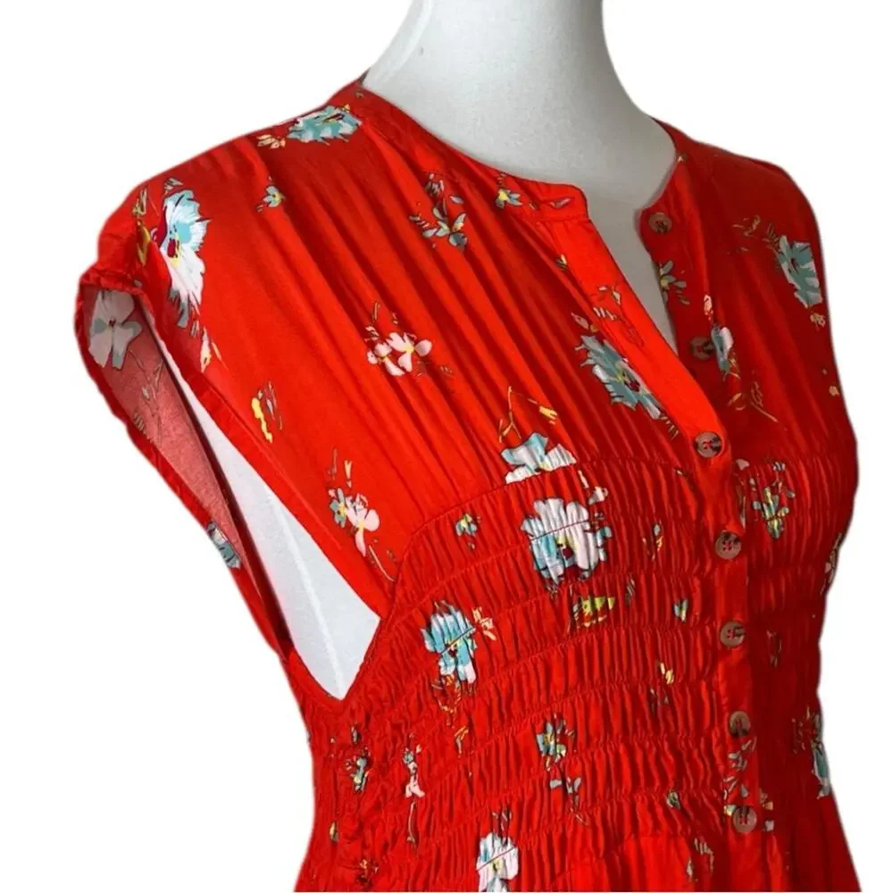 Free People Dress Smocked Waist Button Front Red Floral Women’s Size Medium